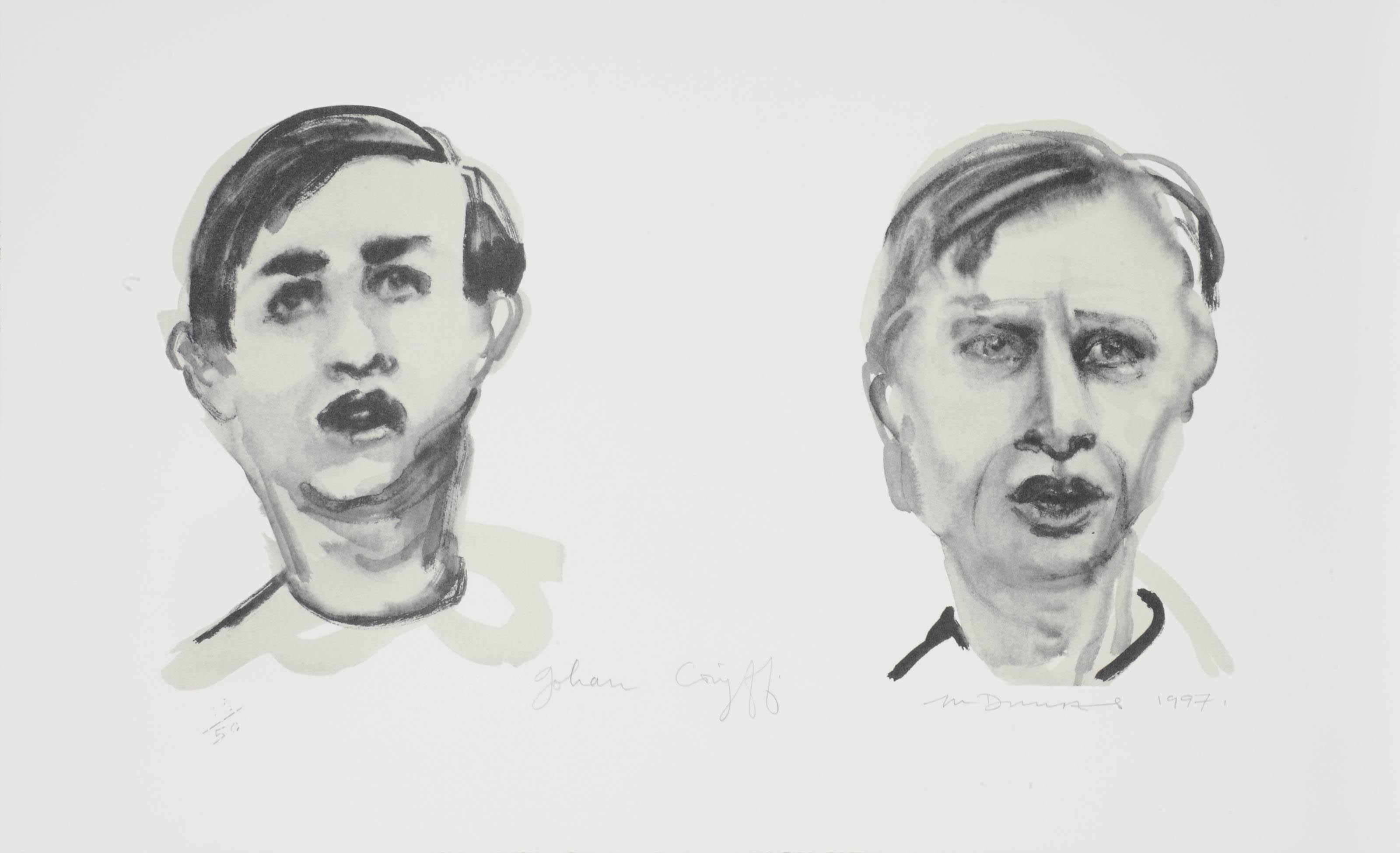 Figuur 3: Marlene Dumas, Johan Cruijff (dubbelportret), 1997. Lithograaf (oplage 7/50). Collectie ABN AMRO. Foto door Tom Haartsen, Ouderkerk aan de Amstel