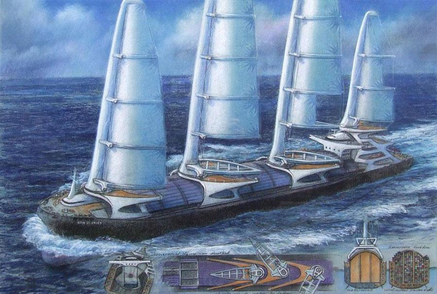 Rein de Vries, Container schip op zeil pastel.